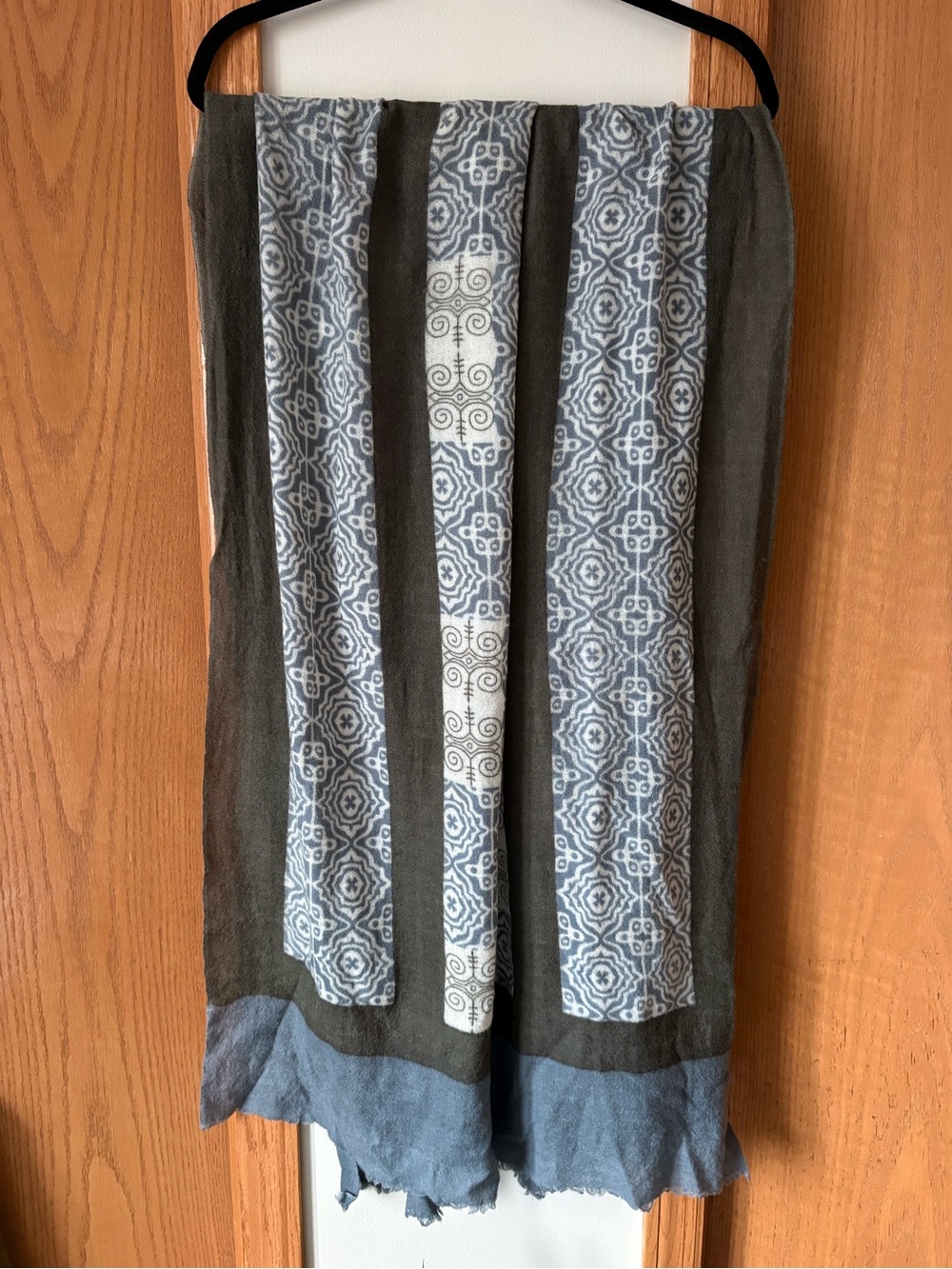 Light Blue Olive Patterned Wool Cashmere Scarf Shawl Ethnic